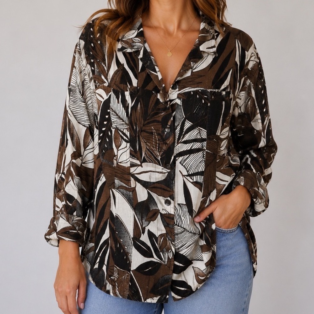 Chico's Linen Leaf Print Button Front Shirt Womens L Brown Tropical 100%‎ Linen